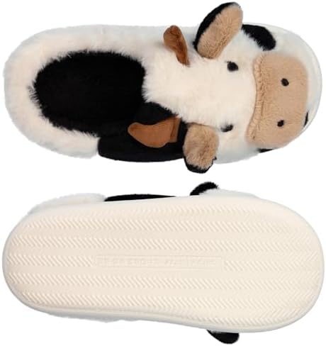 Cute Cartoon Cow Animal Fuzzy Slippers for Women,Warm Plush Winter