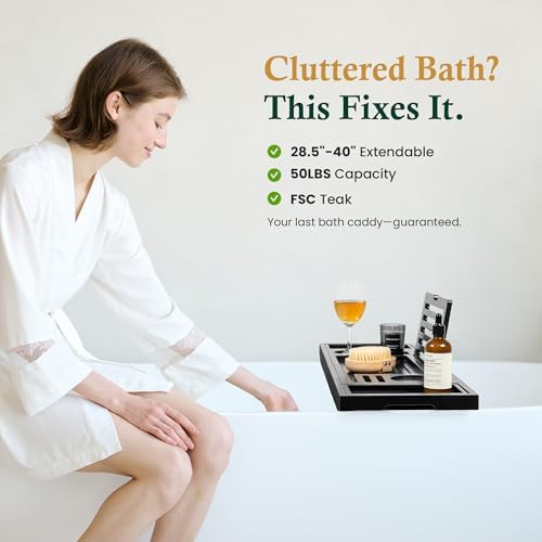 Teak Bathtub Tray, Adjustable Width Black Bath Caddy