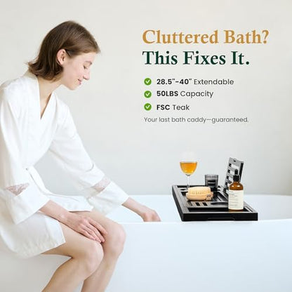 Teak Bathtub Tray, Adjustable Width Black Bath Caddy