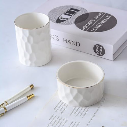 Aesthetic Desk Organizer Set of 2 For Office, Ceramic Pen Holder and