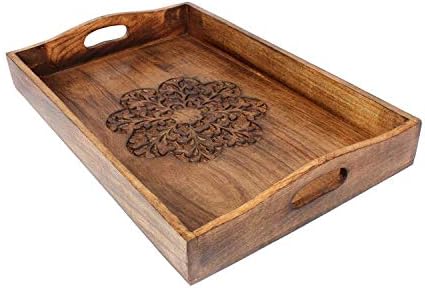Ajuny Wooden Serving Trays Set of 3 with Handles, Hand Carved Flower