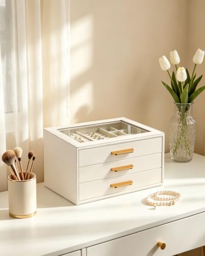 Homeanda Jewelry Boxes Organizer with Glass Lid, 3-Layer PU Leather