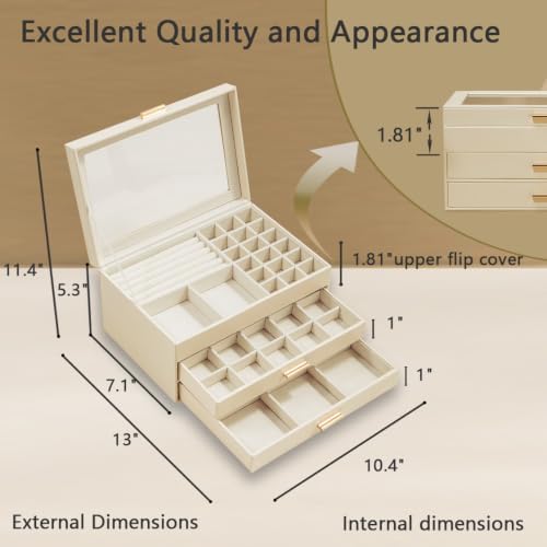 ZPROW Jewelry Box Organizer for Women with Glass Lid, 3-Layer Jewelry