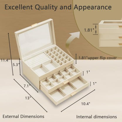 ZPROW Jewelry Box Organizer for Women with Glass Lid, 3-Layer Jewelry