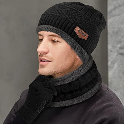 Loritta Winter Hats for Men, 3 PCS Fleece Beanie Scarf Gloves Set