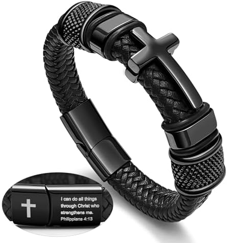 Black Cross Cuff Bracelet for Men, Philippians 4:13 Stainless Steel