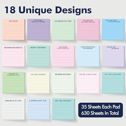 18 PCS Inspirational Sticky Notes with Lines, Adhesive Note Pads