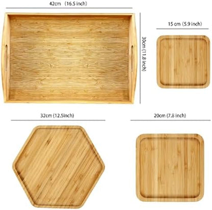 Bamboo 4 Pack Serving Trays for Party Large One with Handle