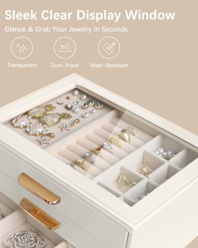 Homeanda Jewelry Boxes Organizer with Glass Lid, 3-Layer PU Leather