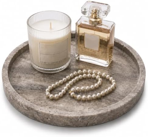 Round Marble Vanity Tray, Gray Travertine,Natural Marble Stone