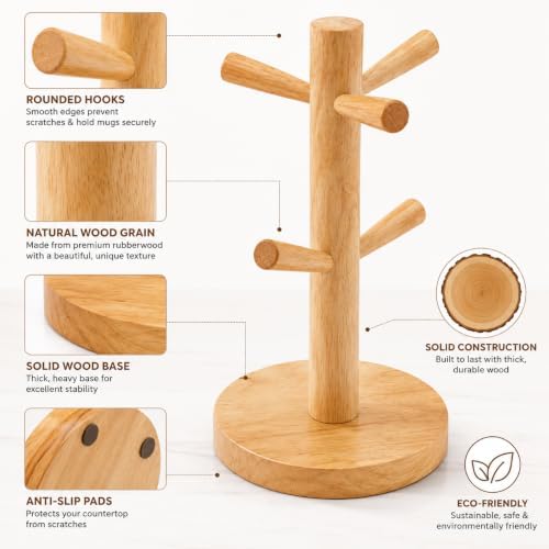 Wooden Mug Tree Stand for Countertop, Coffee Mug Holder Rack with 6