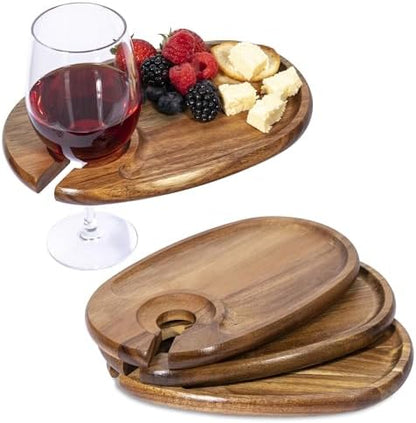 Wine Glass Holder Plates – Acacia Wooden Appetizer & Snack Plates for