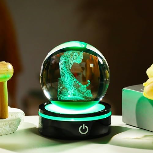 YWHL 3D Tiger Figurine Crystal Ball with Colorful Light Base, Tiger