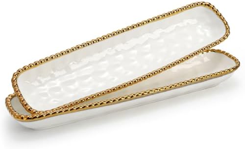 SOUJOY 2 Pack Porcelain Cracker Tray with Gold Pearl Edge, 14 Inch