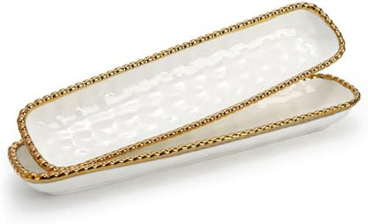 SOUJOY 2 Pack Porcelain Cracker Tray with Gold Pearl Edge, 14 Inch