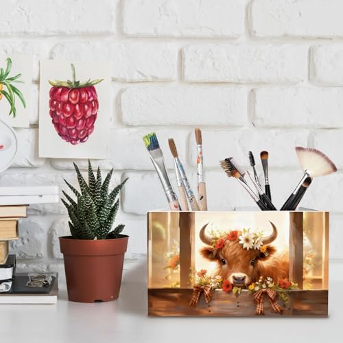 Rustic Floral Highland Cow Pen Holder for Desk, Gifts for Highland Cow