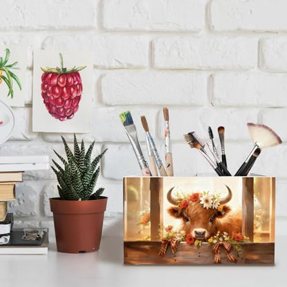 Rustic Floral Highland Cow Pen Holder for Desk, Gifts for Highland Cow