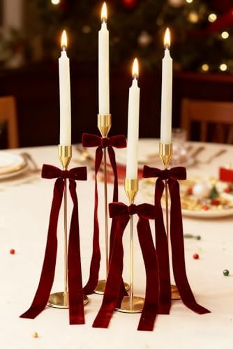 Whaline 12Pcs Velvet Christmas Bows for Candlestick Decor 4" x 12"