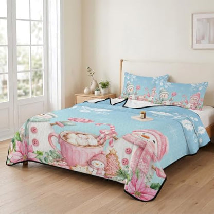 Christmas Quilt Set Twin Size 3 Pieces Quilted Bedspread Soft, Pink