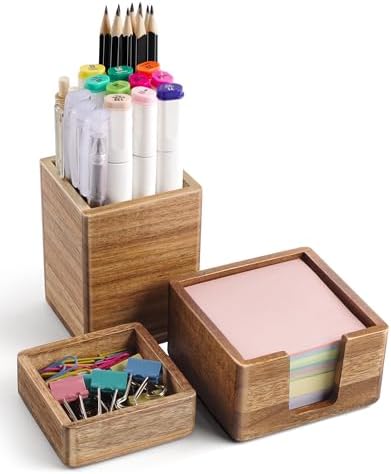 Acacia Wood Desk Organizer Set with Sticky Note Holder, Pencil Pen Cup