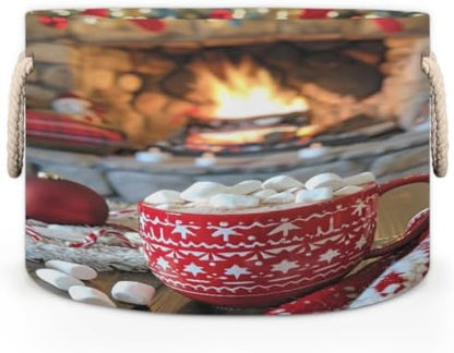 Christmas Red Mug Chocolate Large Round Storage Basket, Collapsible