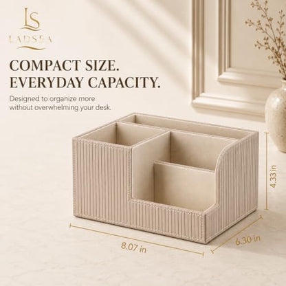 Pen Holder for Desk, 4-Compartment PU Leather Desk Organizer, Beige