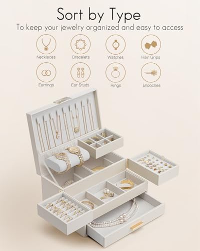 VLANDO 3 Layer Jewelry Box - Women Jewelry Box with Retractable Tray