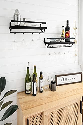 Mkono Wall Mounted Wine Rack, Wine Glass Holder with Wood Shelf