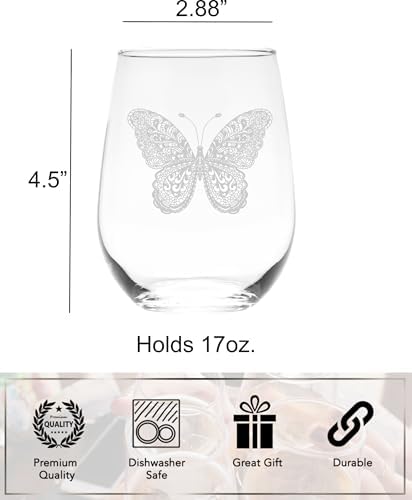 C M Butterfly Stemless Wine Glass - Butterfly Lover Gift for Women