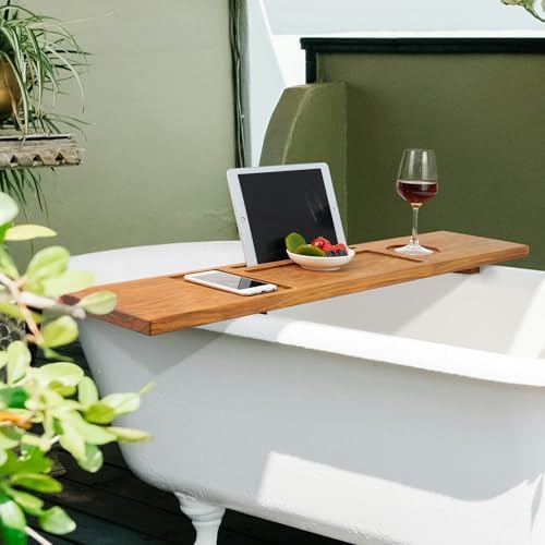 VaeFae Teak Wood Bathtub Tray Table with Wine and iPad Holder
