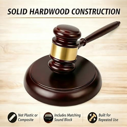 Wooden Gavel with Sound Block Set, Solid Wood Judge Gavel Set, Loud
