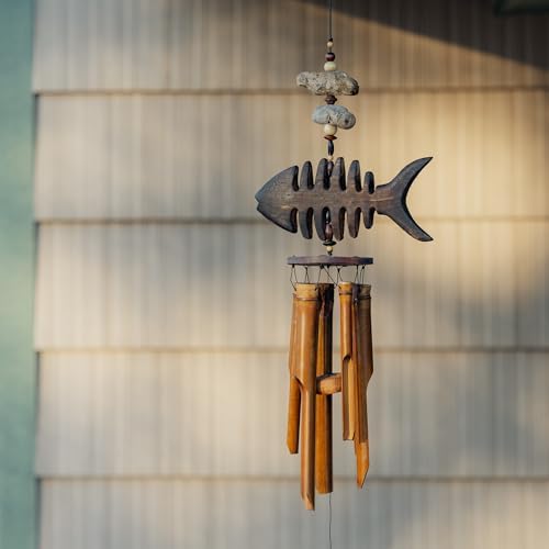Wind Chime Fish Handcrafted Wooden Bamboo Bone Fish Outdoor Garden