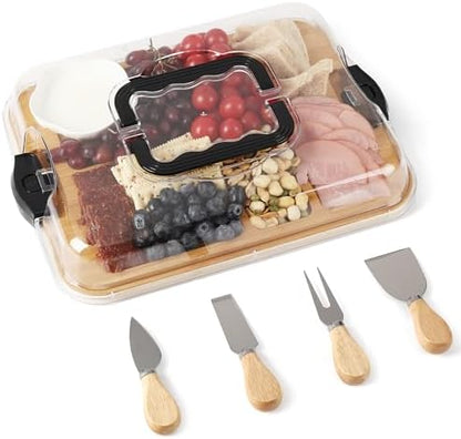 Charcuterie Board with Clear Lid, Double-Sided Bamboo Cheese Board