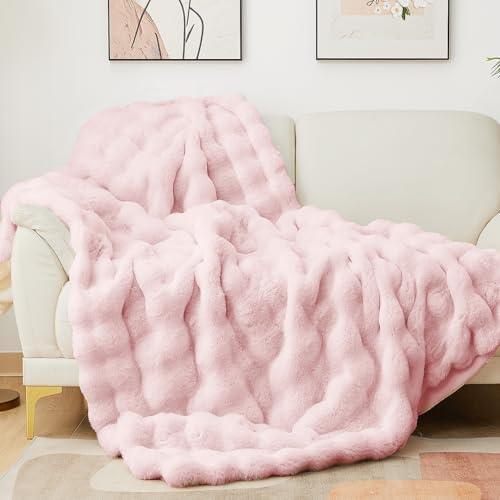 Latepis Pink Faux Fur Throw Blanket for Couch Bubble Cute Soft Warm