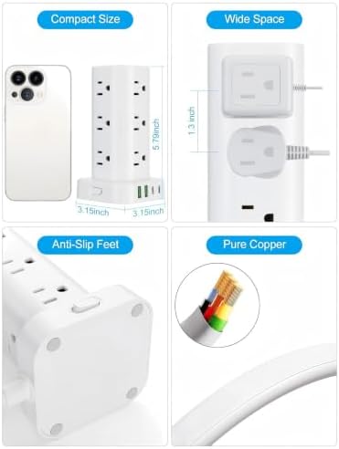 6FT Power Strip Tower Surge Protector, 12 Wide Spaced Outlets, 4 USB