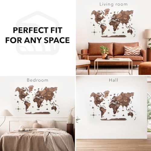 3D Wood World Map Wall Art (Medium, Dark Walnut)