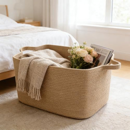 96L Woven Laundry Basket with Handles, Extra Blanket Basket,Jute