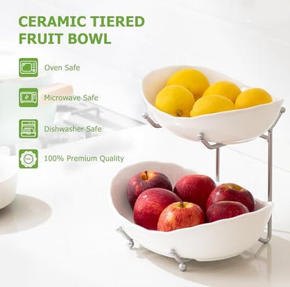 HBlife 2 Tier Fruit Bowl, Ceramic Fruit Basket for Kitchen Counter