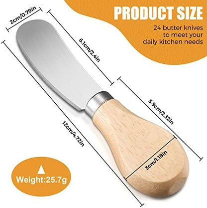 24 Pcs Cheese Spreader Knives Butter, 4.7" Stainless Steel Wood