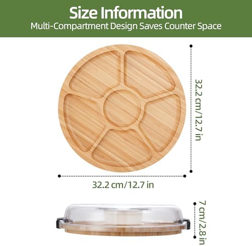 Charcuterie Board with Lid, Bamboo 6‐Compartment Portable Serving