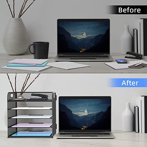 Supeasy 5 Trays Paper Organizer Letter Tray with Handle-Mesh Desk File