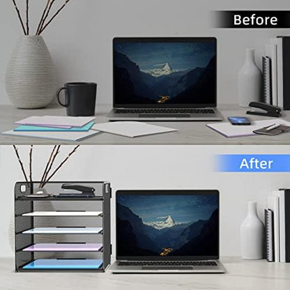 Supeasy 5 Trays Paper Organizer Letter Tray with Handle-Mesh Desk File