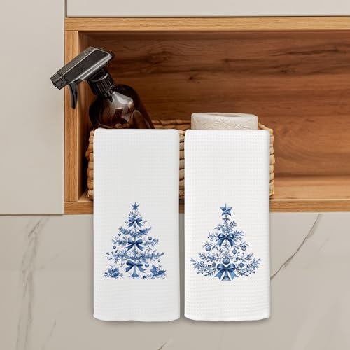 Chinoiserie Christmas Kitchen Towels Decor Set of 2 - Blue Christmas