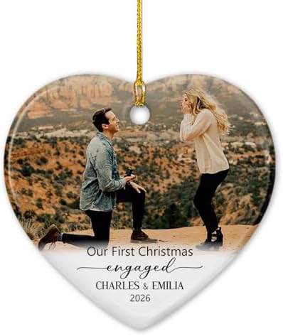 Personalized Photo Our First Christmas Engaged Ceramic Ornament