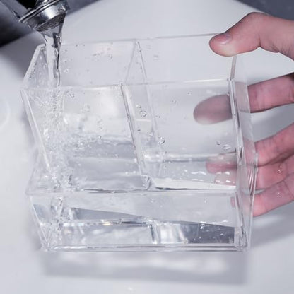 HSYMQ Desktop Clear Pen Holder with 3 Compartments, Acrylic Pencil