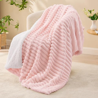 INFIIXSO Striped Sherpa Throw Blanket for Couch, Warm Plush, Pink