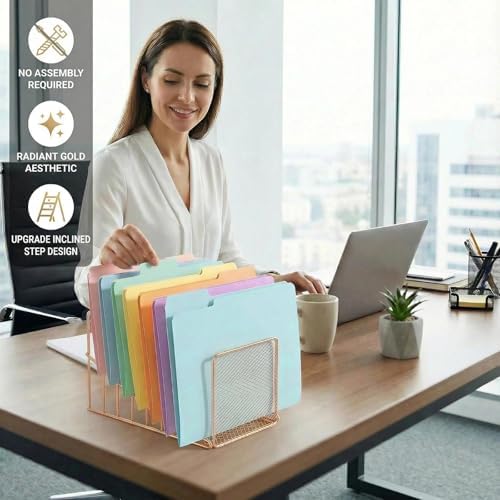 Rose Gold Desk Organizer 7 Slot Inclined Vertical File Folder Holder