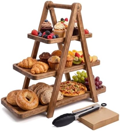 3 Tier Serving Tray Wood Tiered Cupcake Stand, Large Collapsible Food