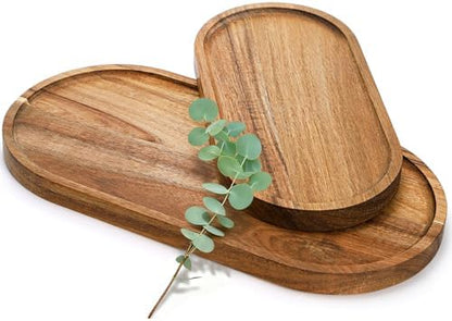 Elsjoy Set of 2 Acacia Wood Serving Trays, Long Wooden Serving Platter