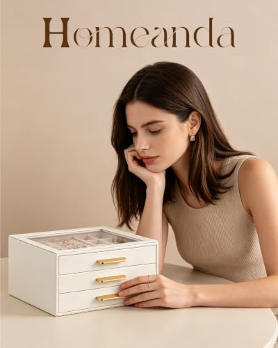 Homeanda Jewelry Boxes Organizer with Glass Lid, 3-Layer PU Leather